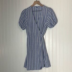 Old Navy Linen Blend Wrap Dress‎ Blue White Stripe Puff Sleeve Size Large Lined